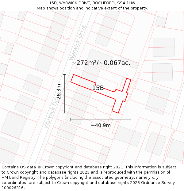 15B, WARWICK DRIVE, ROCHFORD, SS4 1HW: Plot and title map