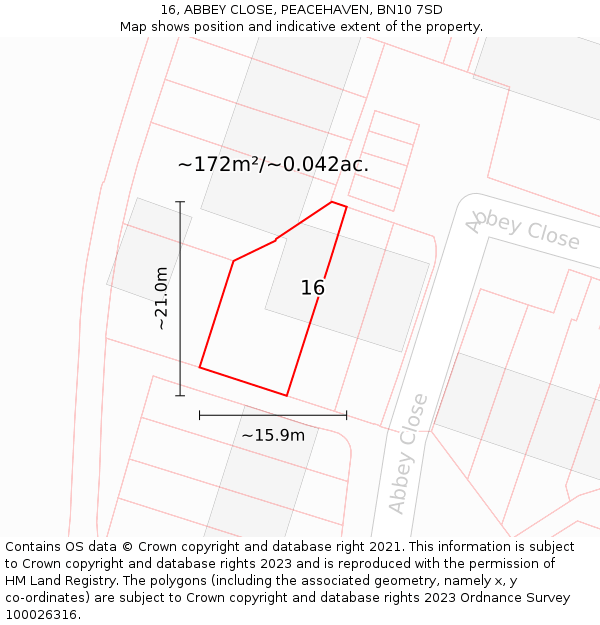 16, ABBEY CLOSE, PEACEHAVEN, BN10 7SD: Plot and title map