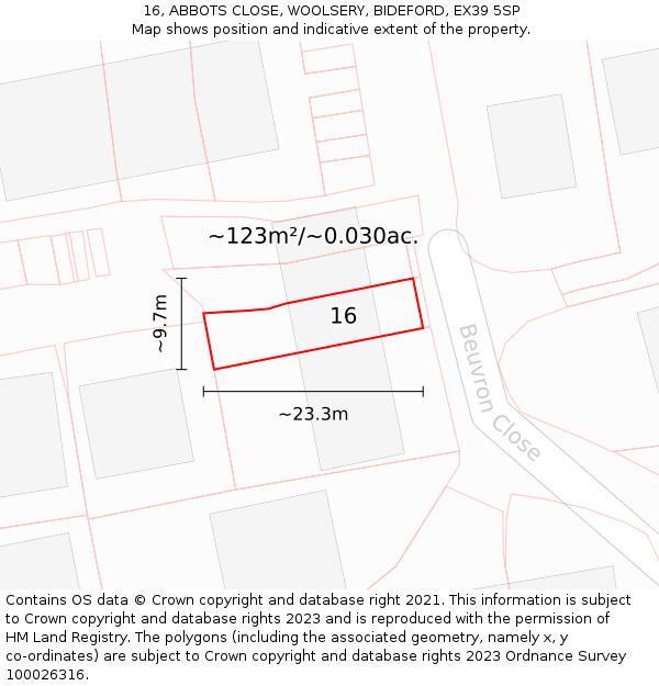 16, ABBOTS CLOSE, WOOLSERY, BIDEFORD, EX39 5SP: Plot and title map