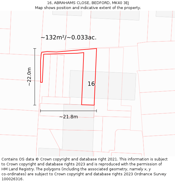 16, ABRAHAMS CLOSE, BEDFORD, MK40 3EJ: Plot and title map