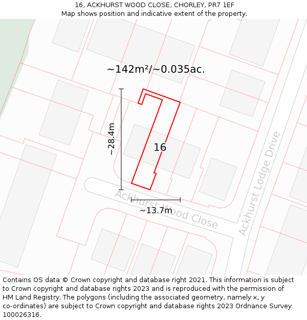 16, ACKHURST WOOD CLOSE, CHORLEY, PR7 1EF: Plot and title map