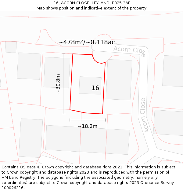 16, ACORN CLOSE, LEYLAND, PR25 3AF: Plot and title map