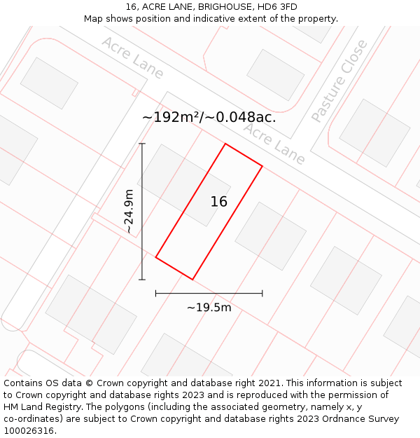 16, ACRE LANE, BRIGHOUSE, HD6 3FD: Plot and title map