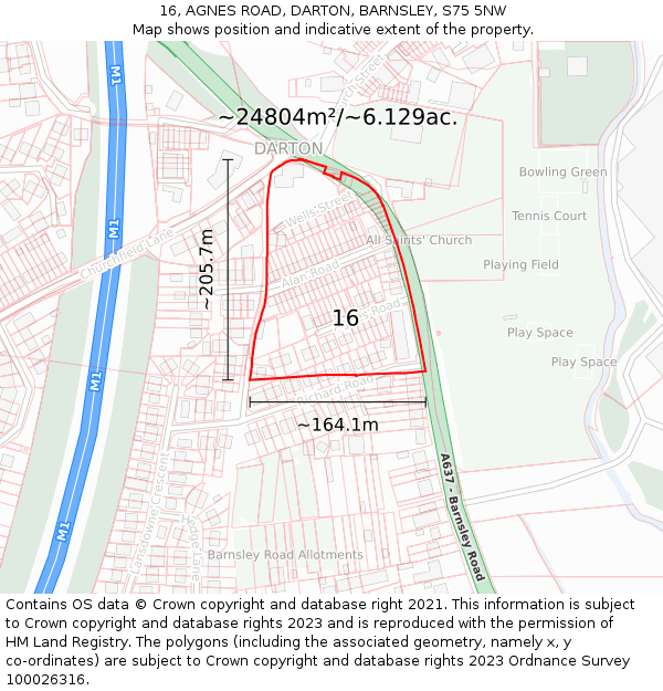 16, AGNES ROAD, DARTON, BARNSLEY, S75 5NW: Plot and title map