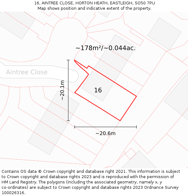 16, AINTREE CLOSE, HORTON HEATH, EASTLEIGH, SO50 7PU: Plot and title map
