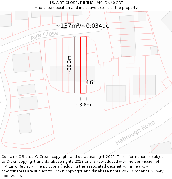 16, AIRE CLOSE, IMMINGHAM, DN40 2DT: Plot and title map