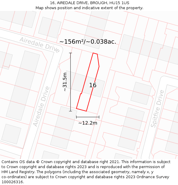 16, AIREDALE DRIVE, BROUGH, HU15 1US: Plot and title map