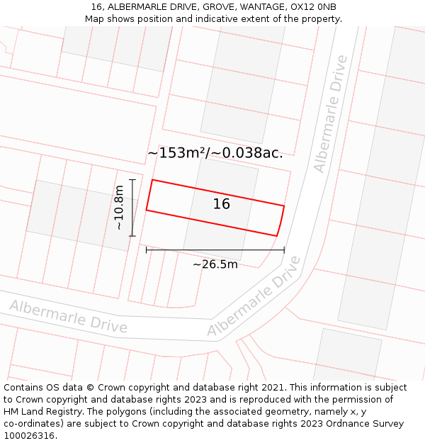 16, ALBERMARLE DRIVE, GROVE, WANTAGE, OX12 0NB: Plot and title map
