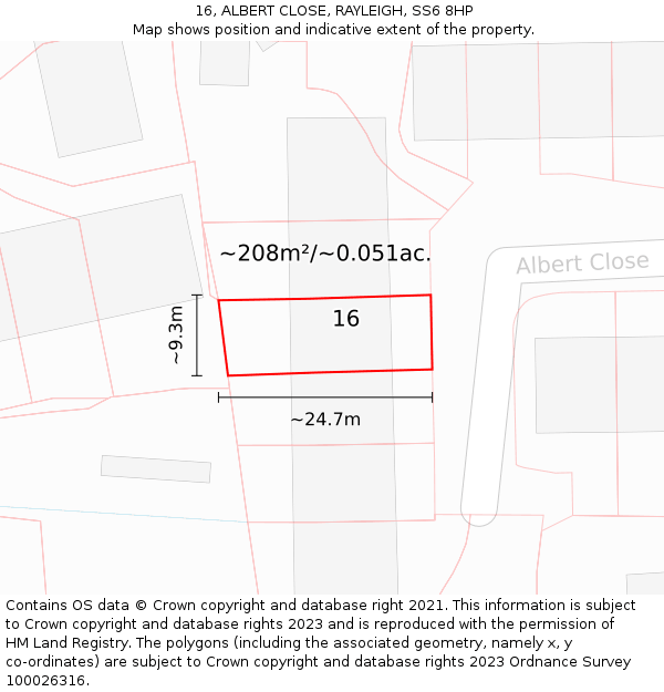 16, ALBERT CLOSE, RAYLEIGH, SS6 8HP: Plot and title map