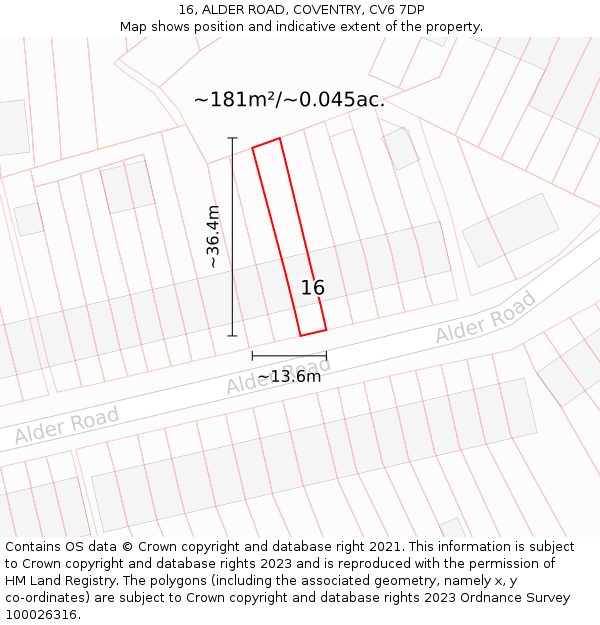 16, ALDER ROAD, COVENTRY, CV6 7DP: Plot and title map