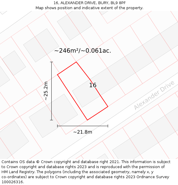 16, ALEXANDER DRIVE, BURY, BL9 8PF: Plot and title map
