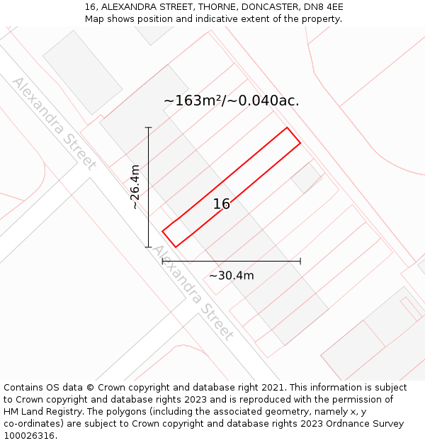 16, ALEXANDRA STREET, THORNE, DONCASTER, DN8 4EE: Plot and title map