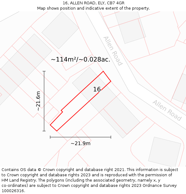 16, ALLEN ROAD, ELY, CB7 4GR: Plot and title map