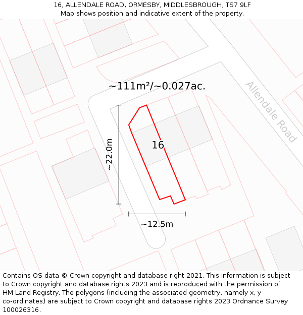 16, ALLENDALE ROAD, ORMESBY, MIDDLESBROUGH, TS7 9LF: Plot and title map