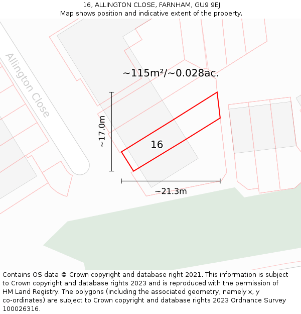 16, ALLINGTON CLOSE, FARNHAM, GU9 9EJ: Plot and title map