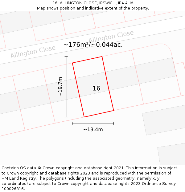 16, ALLINGTON CLOSE, IPSWICH, IP4 4HA: Plot and title map