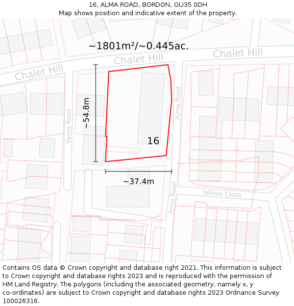 16, ALMA ROAD, BORDON, GU35 0DH: Plot and title map