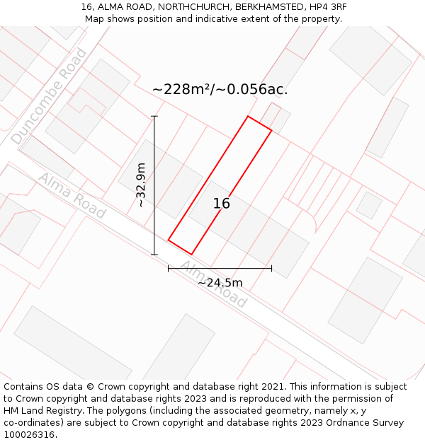 16, ALMA ROAD, NORTHCHURCH, BERKHAMSTED, HP4 3RF: Plot and title map