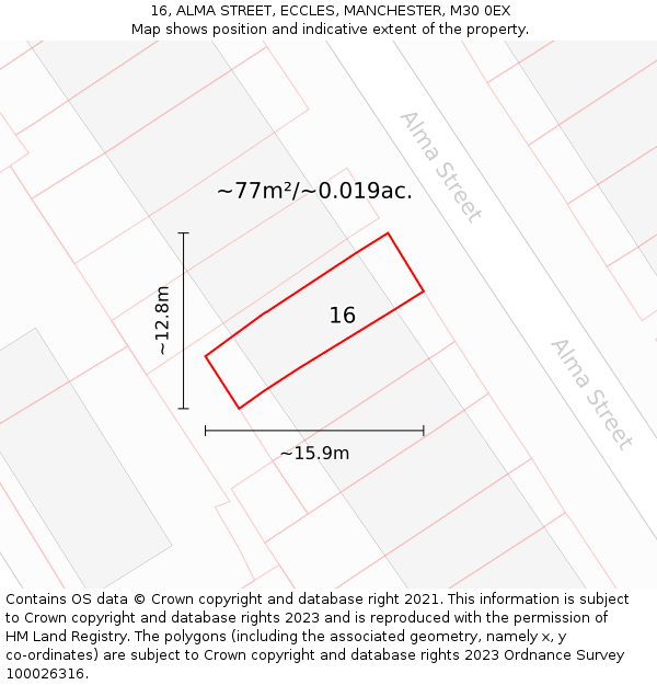 16, ALMA STREET, ECCLES, MANCHESTER, M30 0EX: Plot and title map