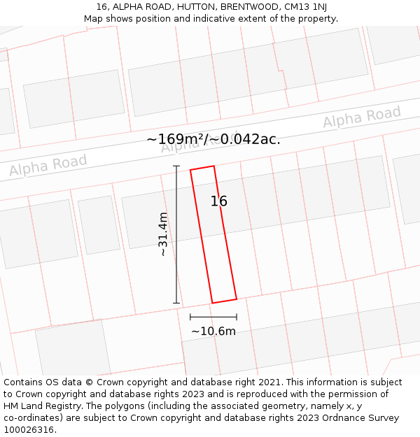 16, ALPHA ROAD, HUTTON, BRENTWOOD, CM13 1NJ: Plot and title map