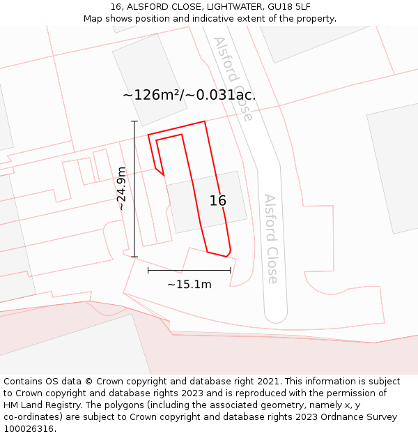 16, ALSFORD CLOSE, LIGHTWATER, GU18 5LF: Plot and title map