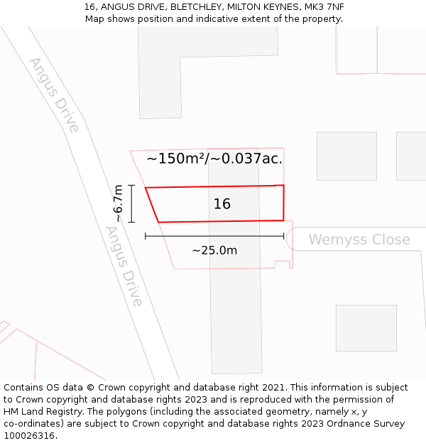16, ANGUS DRIVE, BLETCHLEY, MILTON KEYNES, MK3 7NF: Plot and title map