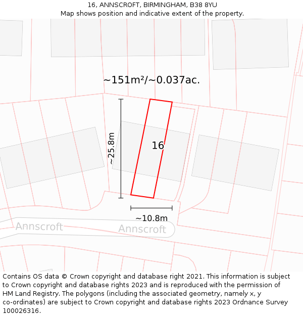 16, ANNSCROFT, BIRMINGHAM, B38 8YU: Plot and title map