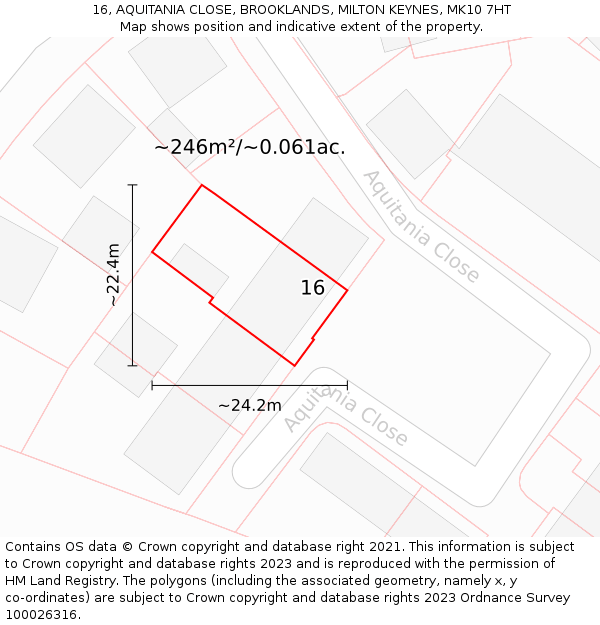 16, AQUITANIA CLOSE, BROOKLANDS, MILTON KEYNES, MK10 7HT: Plot and title map