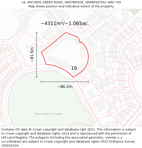 16, ARCHERS GREEN ROAD, WESTBROOK, WARRINGTON, WA5 7XS: Plot and title map