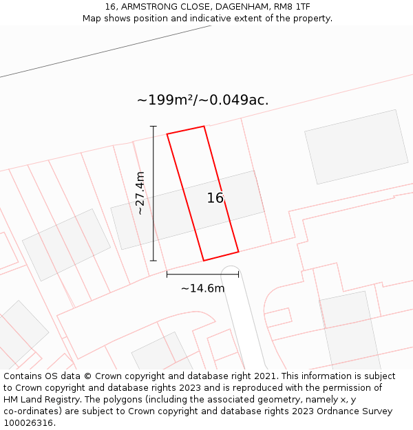 16, ARMSTRONG CLOSE, DAGENHAM, RM8 1TF: Plot and title map