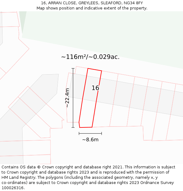 16, ARRAN CLOSE, GREYLEES, SLEAFORD, NG34 8FY: Plot and title map