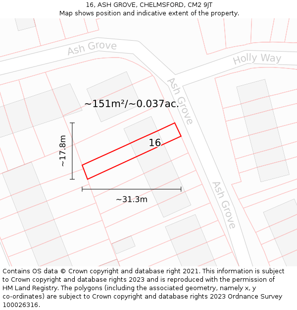 16, ASH GROVE, CHELMSFORD, CM2 9JT: Plot and title map