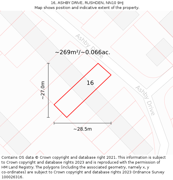 16, ASHBY DRIVE, RUSHDEN, NN10 9HJ: Plot and title map