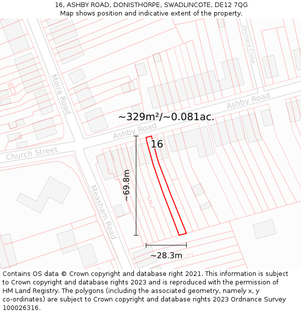 16, ASHBY ROAD, DONISTHORPE, SWADLINCOTE, DE12 7QG: Plot and title map