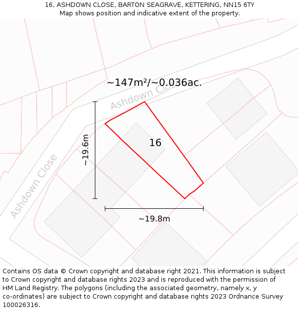 16, ASHDOWN CLOSE, BARTON SEAGRAVE, KETTERING, NN15 6TY: Plot and title map