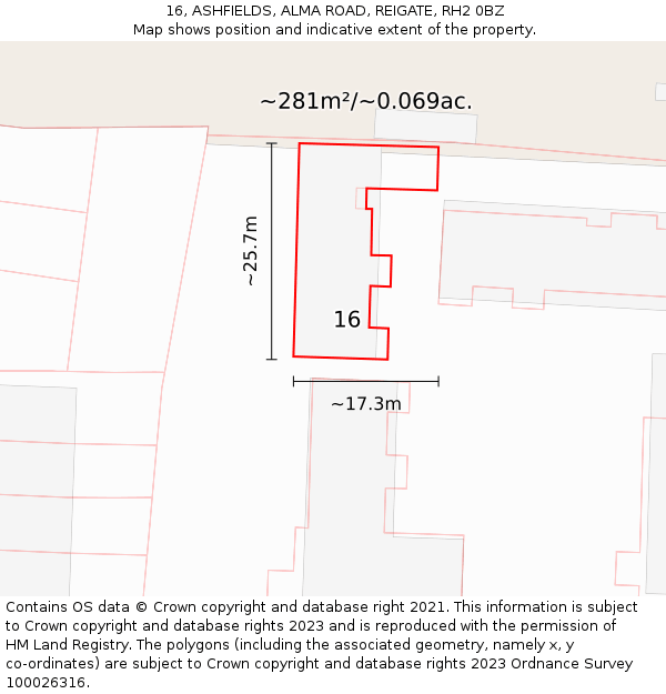16, ASHFIELDS, ALMA ROAD, REIGATE, RH2 0BZ: Plot and title map