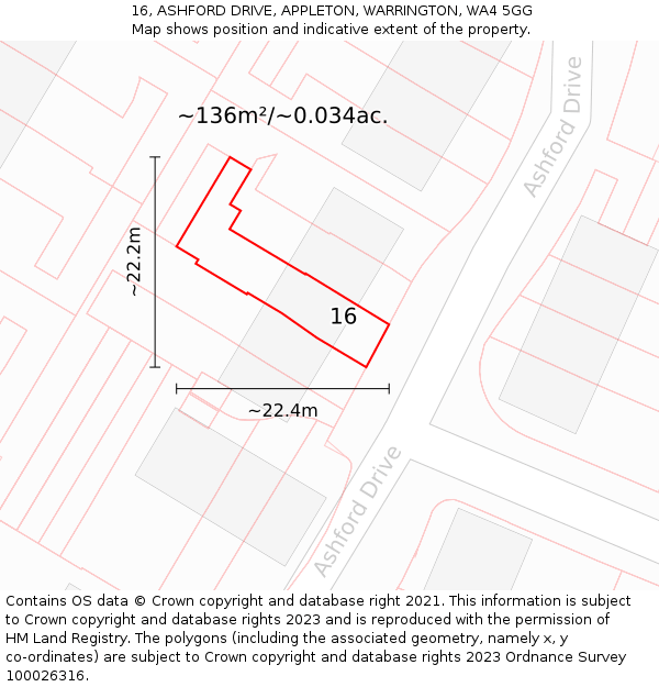 16, ASHFORD DRIVE, APPLETON, WARRINGTON, WA4 5GG: Plot and title map