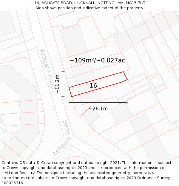 16, ASHGATE ROAD, HUCKNALL, NOTTINGHAM, NG15 7UT: Plot and title map