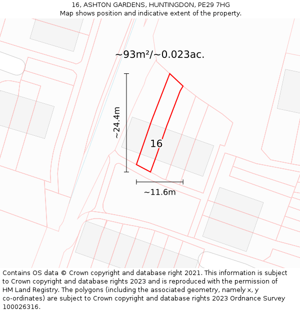 16, ASHTON GARDENS, HUNTINGDON, PE29 7HG: Plot and title map
