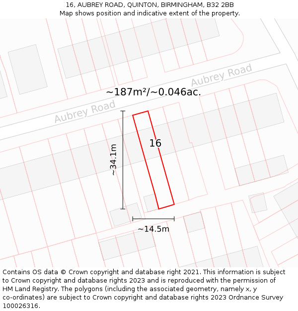 16, AUBREY ROAD, QUINTON, BIRMINGHAM, B32 2BB: Plot and title map