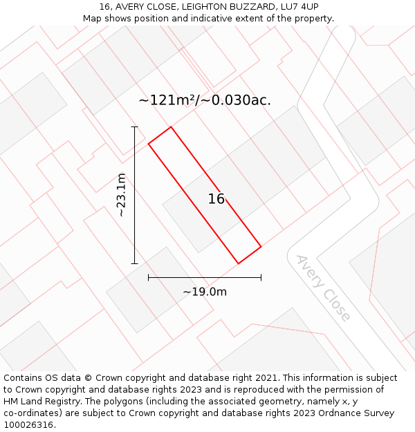 16, AVERY CLOSE, LEIGHTON BUZZARD, LU7 4UP: Plot and title map