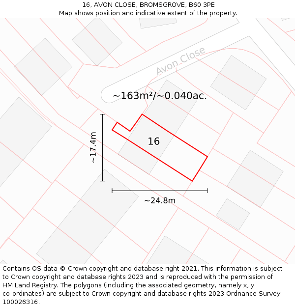 16, AVON CLOSE, BROMSGROVE, B60 3PE: Plot and title map