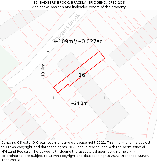 16, BADGERS BROOK, BRACKLA, BRIDGEND, CF31 2QS: Plot and title map
