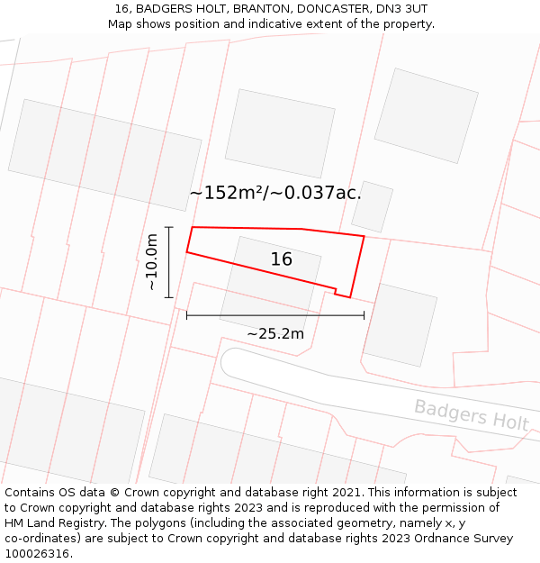 16, BADGERS HOLT, BRANTON, DONCASTER, DN3 3UT: Plot and title map