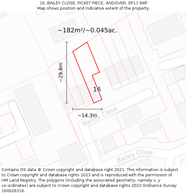 16, BAILEY CLOSE, PICKET PIECE, ANDOVER, SP11 6WF: Plot and title map