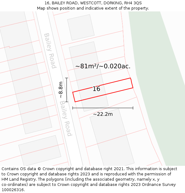 16, BAILEY ROAD, WESTCOTT, DORKING, RH4 3QS: Plot and title map