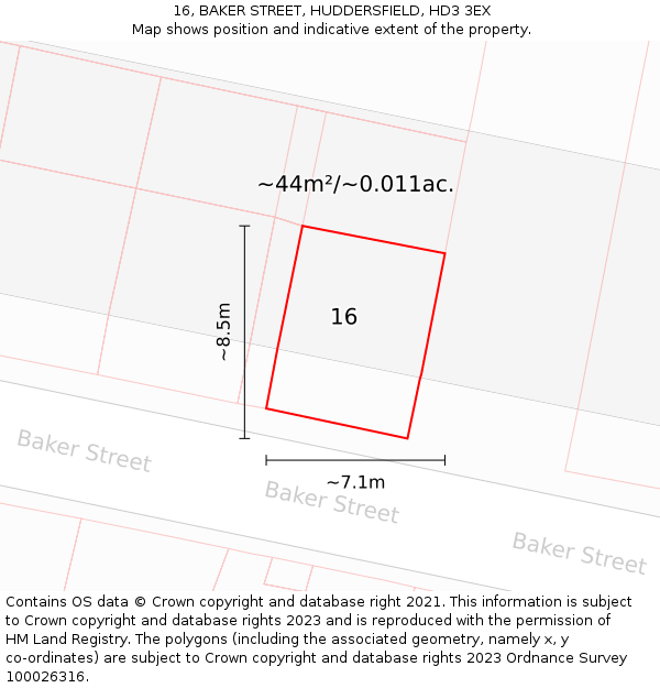 16, BAKER STREET, HUDDERSFIELD, HD3 3EX: Plot and title map