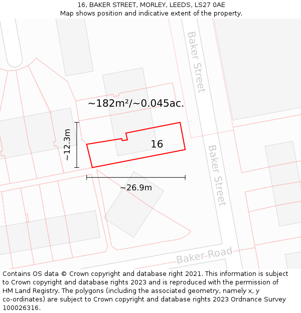 16, BAKER STREET, MORLEY, LEEDS, LS27 0AE: Plot and title map