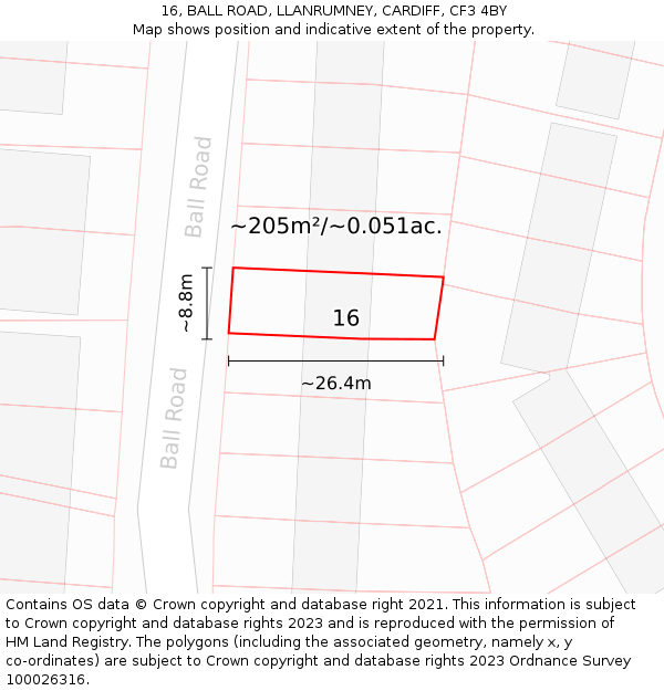 16, BALL ROAD, LLANRUMNEY, CARDIFF, CF3 4BY: Plot and title map