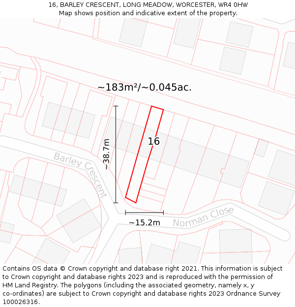 16, BARLEY CRESCENT, LONG MEADOW, WORCESTER, WR4 0HW: Plot and title map